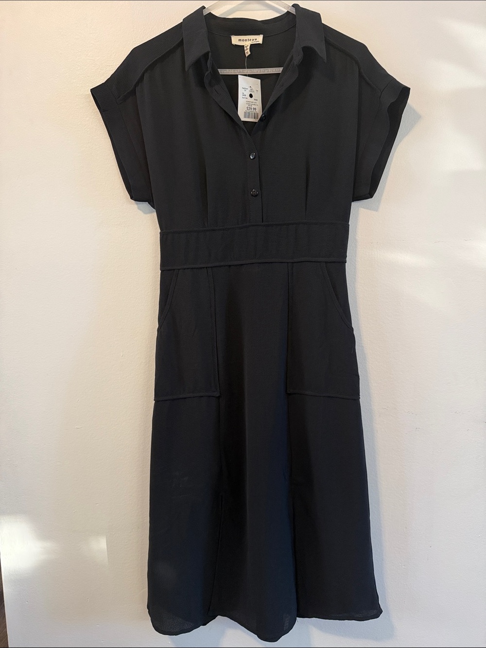 NWT Monteau Los Angeles Black Cap Sleeve Button-Up Shirt Dress - Size Medium